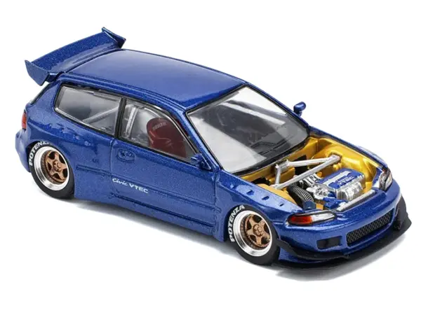 Pandem Civic EG6 VTEC RHD (Right Hand Drive) Blue Metallic with No Hood 1/64 Diecast Model Car by Pop Race #3