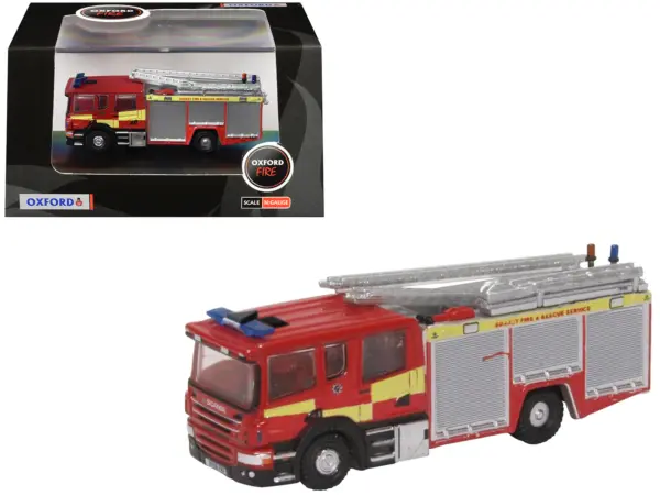 Scania Pump Ladder Fire Engine "Surrey Fire and Rescue" Red with Yellow Stripes 1/148 (N) Scale Diecast Model Car by Oxford Diecast #1