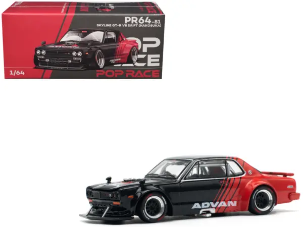 Skyline GT-R V8 Drift "Hakosuka" RHD (Right Hand Drive) "Advan" Black and Red 1/64 Diecast Model Car by Pop Race #1