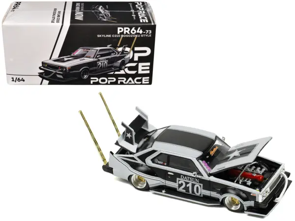 Skyline C210 "Bosozoku Style" RHD (Right Hand Drive) #210 Matt Black and Silver 1/64 Diecast Model Car by Pop Race #1