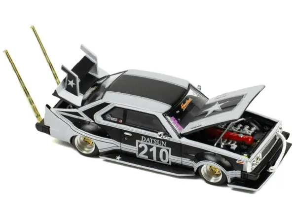 Skyline C210 "Bosozoku Style" RHD (Right Hand Drive) #210 Matt Black and Silver 1/64 Diecast Model Car by Pop Race #2