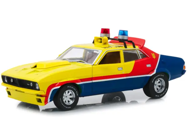 1974 Ford Falcon XB 4-Door Sedan RHD (Right Hand Drive) Yellow and Blue with Red Stripes "MFP 508" "First of the V8 Interceptors" (1979) Movie 1/18 Diecast Model Car by Greenlight #3