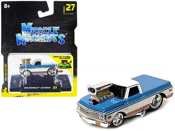 1972 Chevrolet C10 Pickup Truck Blue and White with Stripes 1/64 Diecast Model Car by Muscle Machines #1