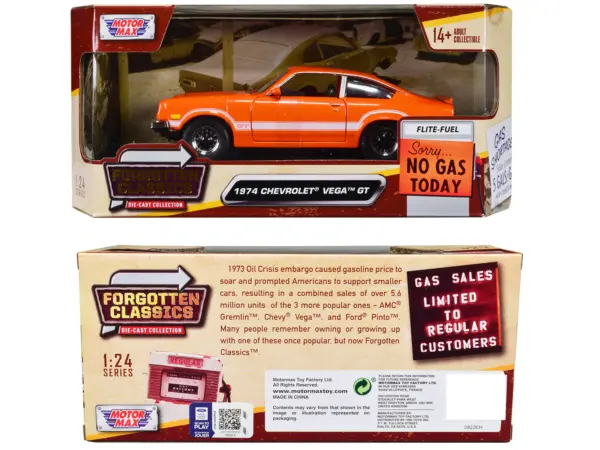 1974 Chevrolet Vega GT Orange Metallic with White Stripes "Forgotten Classics" Series 1/24 Diecast Model Car by Motormax #3