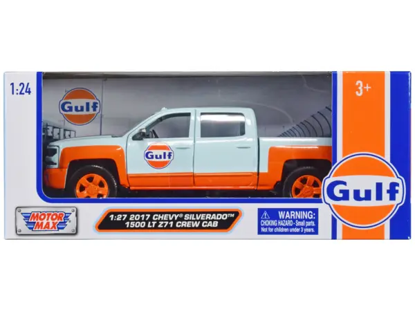 2017 Chevrolet Silverado 1500 LT Z71 Crew Cab Pickup Truck Light Blue with Orange Stripes "Gulf Oil" "Gulf Die-Cast Collection" 1/27 Diecast Model Car by Motormax #1