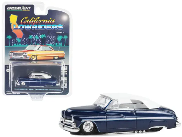 1950 Mercury Eight Chopped Top Convertible Lowrider Dark Blue Metallic with Light Blue Pinstripes and White Top and Interior "California Lowriders" Series 4 1/64 Diecast Model Car by Greenlight #1