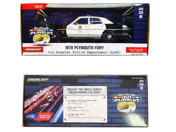 1978 Plymouth Fury Black and White "LAPD (Los Angeles Police Department)" "Hot Pursuit" Series 9 1/24 Diecast Model Car by Greenlight #3