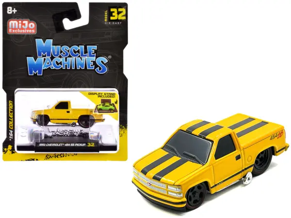 1993 Chevrolet 454 SS Pickup Truck Yellow with Black Stripes 1/64 Diecast Model Car by Muscle Machines #1