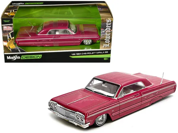 1964 Chevrolet Impala SS Lowrider Pink with Graphics and White Interior "Lowriders" "Maisto Design" Series 1/26 Diecast Model Car by Maisto #1