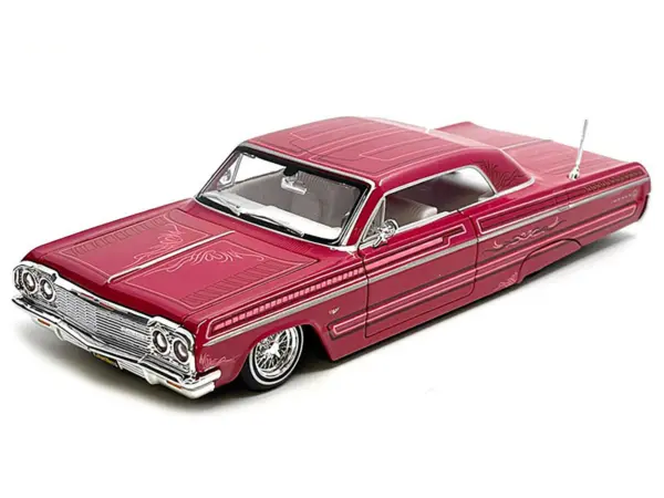 1964 Chevrolet Impala SS Lowrider Pink with Graphics and White Interior "Lowriders" "Maisto Design" Series 1/26 Diecast Model Car by Maisto #3