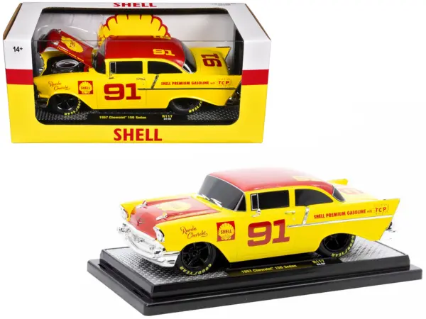 1957 Chevrolet 150 Sedan #91 Yellow with Red Hood and Top "Shell Oil" Limited Edition to 6250 pieces Worldwide 1/24 Diecast Model Car by M2 Machines #1