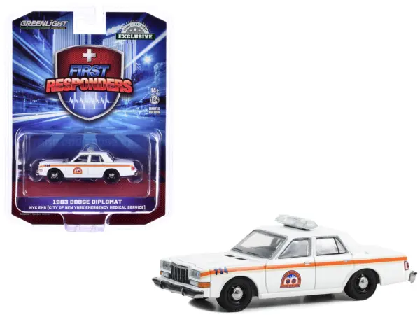 1983 Dodge Diplomat "NYC EMS (City of New York Emergency Medical Service)" White with Orange Stripes "First Responders - Hobby Exclusive" Series 1/64 Diecast Model Car by Greenlight #1