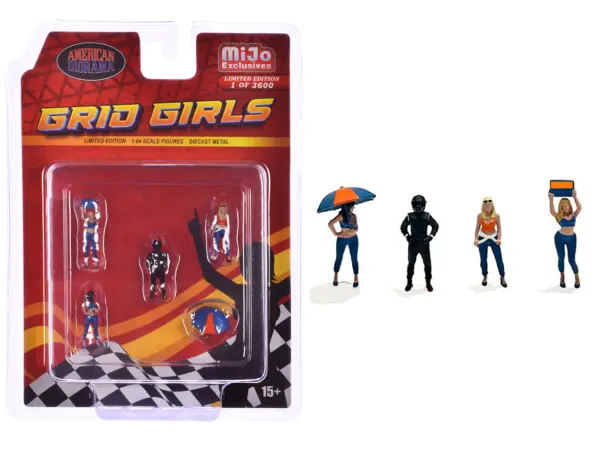 "Grid Girls" 5 piece Diecast Figure Set (4 People Figures 1 Umbrella) Limited Edition to 3600 pieces Worldwide for 1/64 Scale Models by American Diorama #1