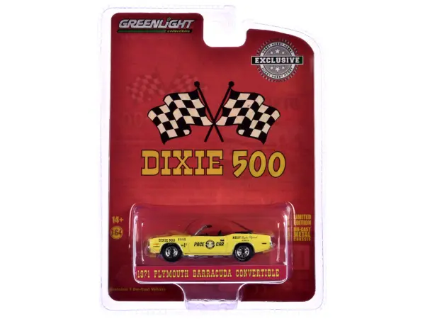 1971 Plymouth Barracuda Convertible "Dixie 500 Pace Car" Yellow "Hobby Exclusive" Series 1/64 Diecast Model Car by Greenlight #3