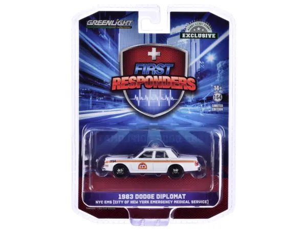 1983 Dodge Diplomat "NYC EMS (City of New York Emergency Medical Service)" White with Orange Stripes "First Responders - Hobby Exclusive" Series 1/64 Diecast Model Car by Greenlight #3
