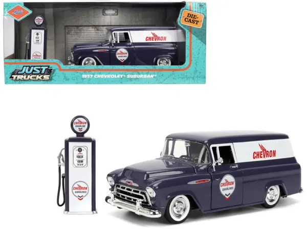 1957 Chevrolet Suburban "Chevron" Dark Blue with White Stripes and Chevron Gas Pump "Just Trucks" Series 1/24 Diecast Model Car by Jada #1