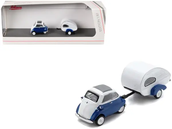 BMW Isetta Blue and White with Home Trailer 1/87 (HO) Diecast Model Car by Schuco #1