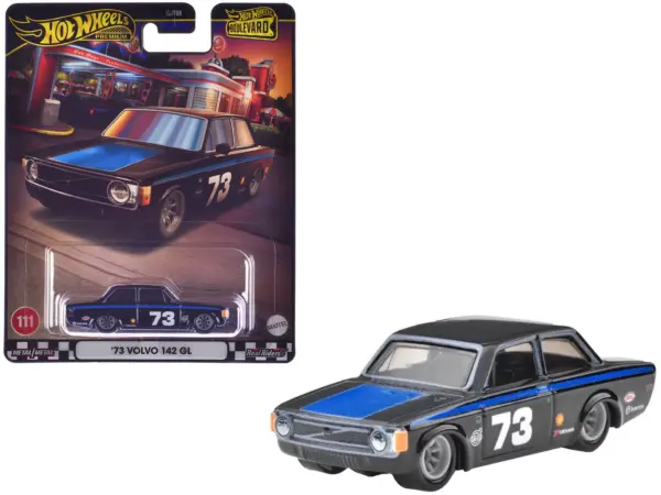 1973 Volvo 142 GL #73 Black with Blue Stripes and Hood "Boulevard" Series Diecast Model Car by Hot Wheels #1
