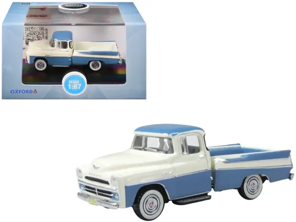 1957 Dodge D100 Sweptside Pickup Truck Ice Blue and Glacier White 1/87 (HO) Scale Diecast Model Car by Oxford Diecast #1