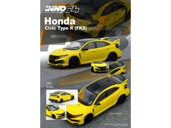 Honda Civic Type R (FK8) RHD (Right Hand Drive) Yellow with Black Top 1/64 Diecast Model Car by Inno Models #3
