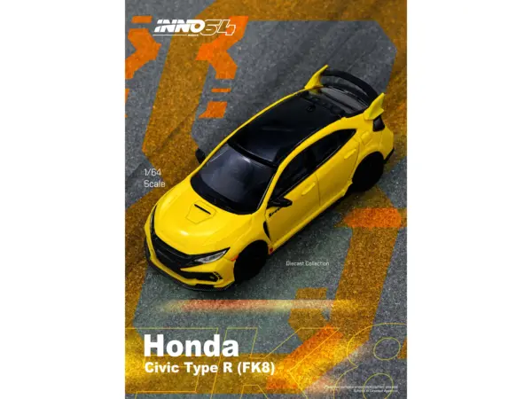 Honda Civic Type R (FK8) RHD (Right Hand Drive) Yellow with Black Top 1/64 Diecast Model Car by Inno Models #4
