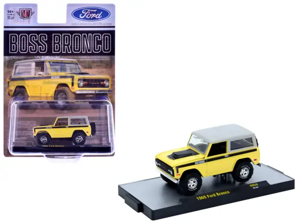 1969 Ford Bronco Yellow with Black Stripes and Gray Top Limited Edition to 6380 pieces Worldwide 1/64 Diecast Model Car by M2 Machines #1