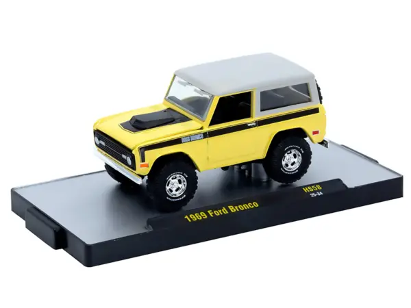 1969 Ford Bronco Yellow with Black Stripes and Gray Top Limited Edition to 6380 pieces Worldwide 1/64 Diecast Model Car by M2 Machines #2