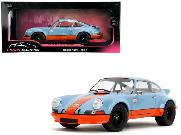 Porsche 911 RSR "Gulf Oil" Light Blue with Orange Stripes "Pink Slips" Series 1/18 Diecast Model Car by Jada #1