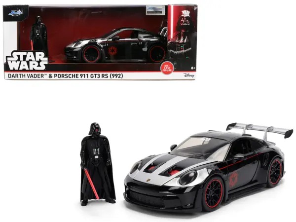 Porsche 911 GT3 RS (992) Black with Silver Hood and Graphics and Darth Vader Figure "Star Wars" Franchise "Hollywood Rides" Series 1/24 Diecast Model Car by Jada #1