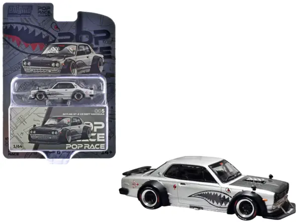 Skyline GT-R V8 Drift "Hakosuka" RHD (Right Hand Drive) Silver Metallic with Carbon Hood and Shark Mouth Graphics "Enigma Exclusive Edition" 1/64 Diecast Model Car by Pop Race #1