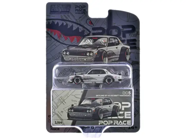 Skyline GT-R V8 Drift "Hakosuka" RHD (Right Hand Drive) Silver Metallic with Carbon Hood and Shark Mouth Graphics "Enigma Exclusive Edition" 1/64 Diecast Model Car by Pop Race #3