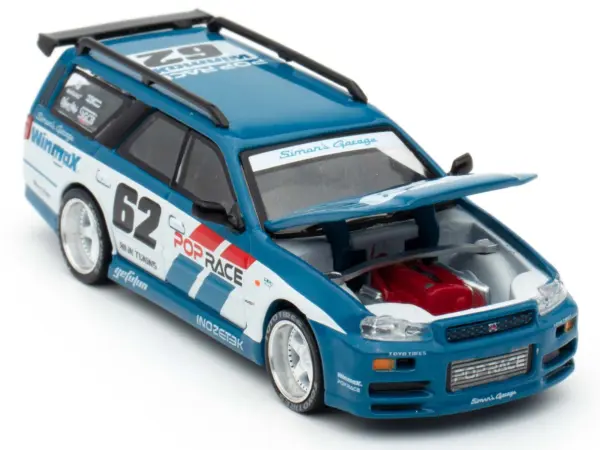 Nissan Stagea RHD (Right Hand Drive) #62 "Simon's Garage" Blue with White Sides 1/64 Diecast Model Car by Pop Race #2