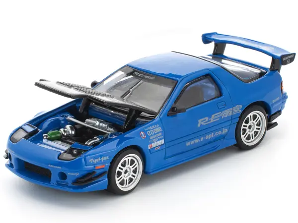 Mazda RX7 (FC3S) RE Amemiya RHD (Right Hand Drive) Blue Metallic with Carbon Hood 1/64 Diecast Model Car by Pop Race #2