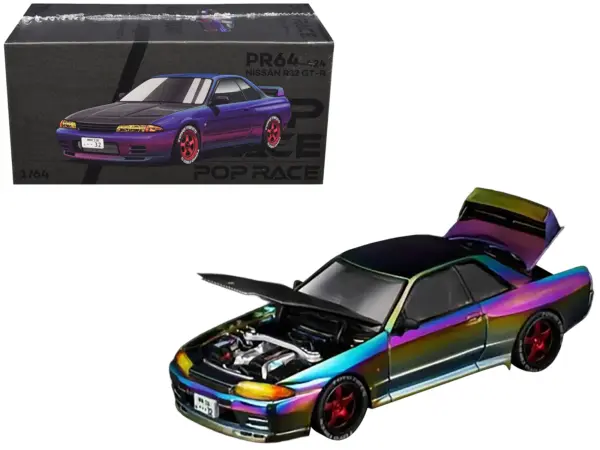 Nissan Skyline GT-R (R32) RHD (Right Hand Drive) Chameleon Chrome with Carbon Hood "Vancouver Edition" 1/64 Diecast Model Car by Pop Race #1