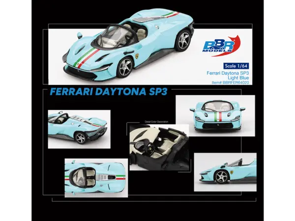 Ferrari Daytona SP3 Light Blue with Italian Flag Stripes 1/64 Diecast Model Car by BBR #4