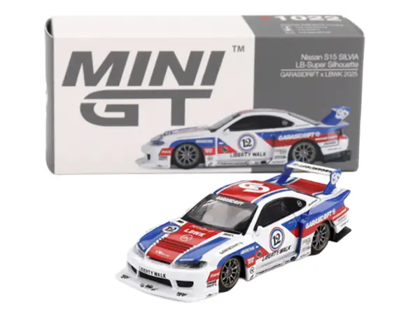 Nissan "LB-Super Silhouette" S15 SILVIA RHD (Right Hand Drive) "GARASIDRIFT x LBWK 2025" White with Blue and Red Stripes Limited Edition 1/64 Diecast Model Car by Mini GT #4