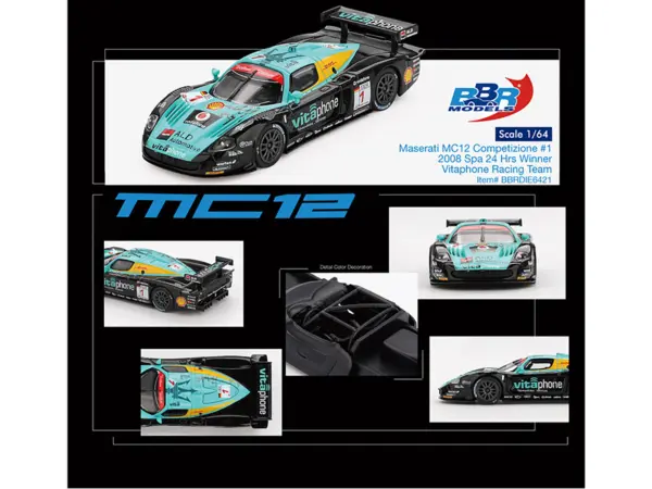 Maserati MC12 Competizione #1 Michael Bartels - Andrea Bertolini - Eric van de Poele - Stephane Sarrazin "Vitaphone Racing Team" Winner "24 Hours of Spa" (2008) 1/64 Diecast Model Car by BBR #4