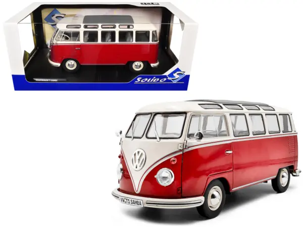 1962 Volkswagen T1 Samba Bus Red and White 1/18 Diecast Model Car by Solido #1