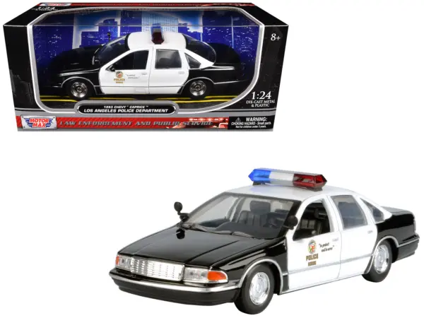 1993 Chevrolet Caprice Police Car "LAPD (Los Angeles Police Department)" Black and White "Law Enforcement and Public Service" Series 1/24 Diecast Model Car by Motormax #1