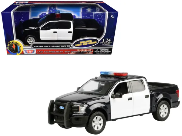 2019 Ford F-150 Lariat Crew Cab Pickup Truck Black and White with Flashing Light Bar and Front and Rear Lights and Sounds 1/27 Diecast Model Car by Motormax #1