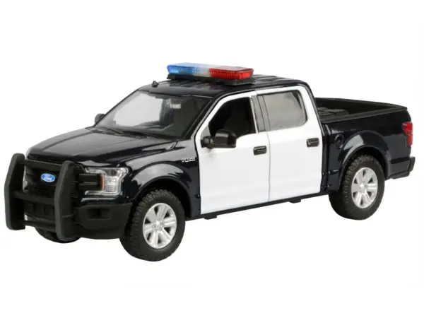2019 Ford F-150 Lariat Crew Cab Pickup Truck Black and White with Flashing Light Bar and Front and Rear Lights and Sounds 1/27 Diecast Model Car by Motormax #2