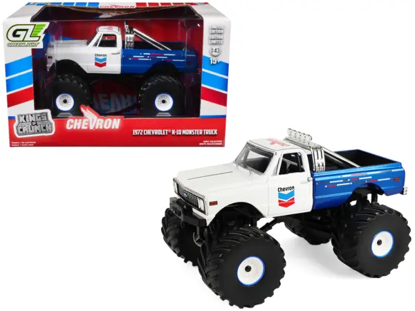 1972 Chevrolet K-10 Monster Truck "Chevron 150th Anniversary" White and Blue Metallic "Kings of Crunch" Series 1/43 Diecast Model Car by Greenlight #1