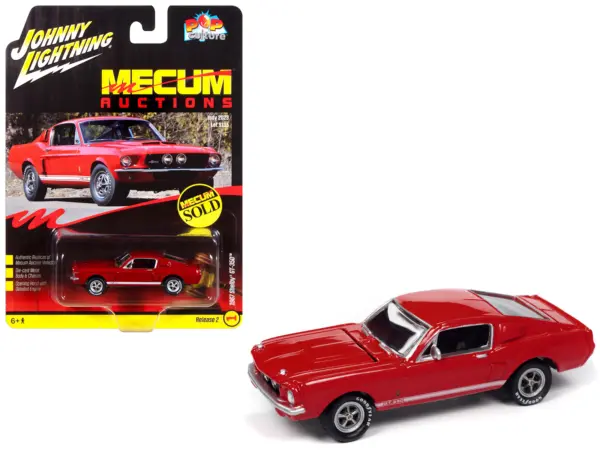 1967 Shelby GT-350 Red with White Side Stripes "Mecum Auctions" "Pop Culture" 2024 Release 2 1/64 Diecast Model Car by Johnny Lightning #1