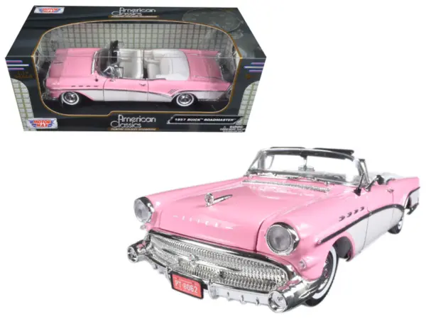 1957 Buick Roadmaster Convertible Pink and White 1/18 Diecast Model Car by Motormax #1