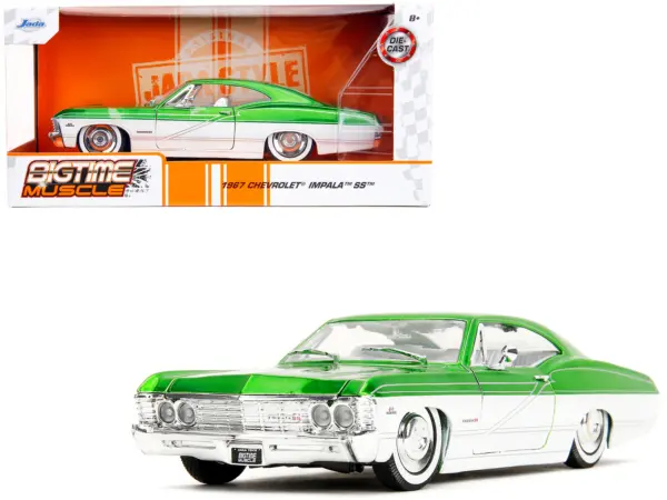 1967 Chevrolet Impala SS Green Metallic and White with White Interior "Bigtime Muscle" Series 1/24 Diecast Model Car by Jada #1