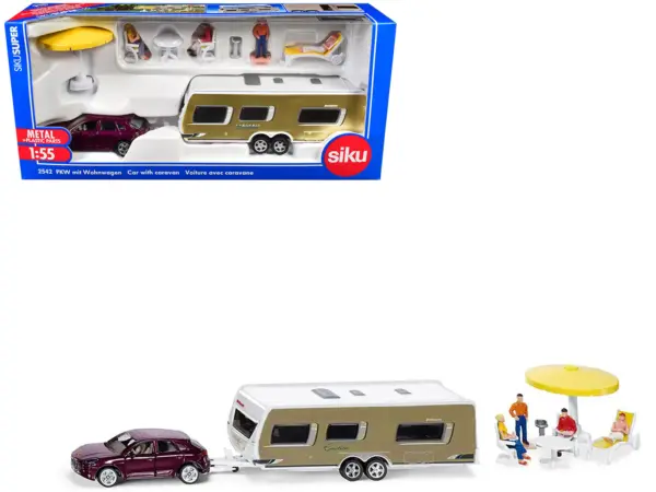 Porsche Macan Turbo Maroon Metallic and Dethleffs Exclusiv Emotion Caravan with Figures and Camp Accessories Set 1/55 Diecast Model by Siku #1