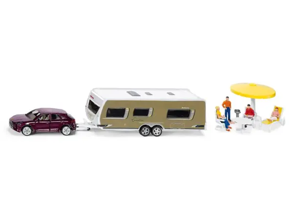 Porsche Macan Turbo Maroon Metallic and Dethleffs Exclusiv Emotion Caravan with Figures and Camp Accessories Set 1/55 Diecast Model by Siku #4