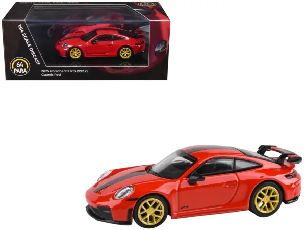 2025 Porsche 911 GT3 (992.2) Guards Red with Carbon Stripe and Gold Wheels 1/64 Diecast Model Car by Paragon Models #1