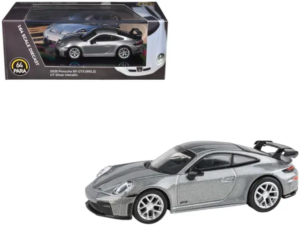 2025 Porsche 911 GT3 (992.2) GT Silver Metallic with Carbon Stripe 1/64 Diecast Model Car by Paragon Models #1