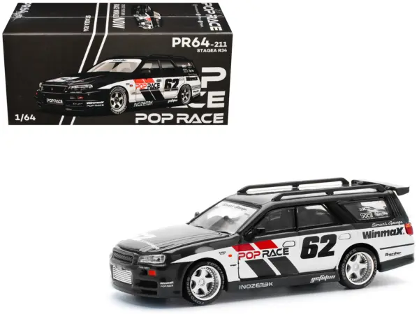 GT-R Stagea RHD (Right Hand Drive) #62 "Simon's Garage" Black with White Sides 1/64 Diecast Model Car by Pop Race #1